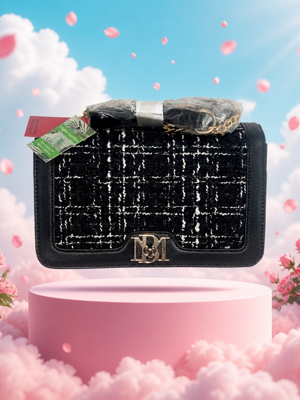 Badgley Mischka Black Tweed Shoulder Bag with Gold Hardware